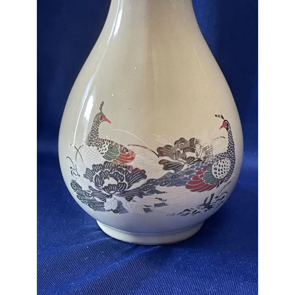 Cream Color Porcelain Bud Vase Accented Gold Peacocks